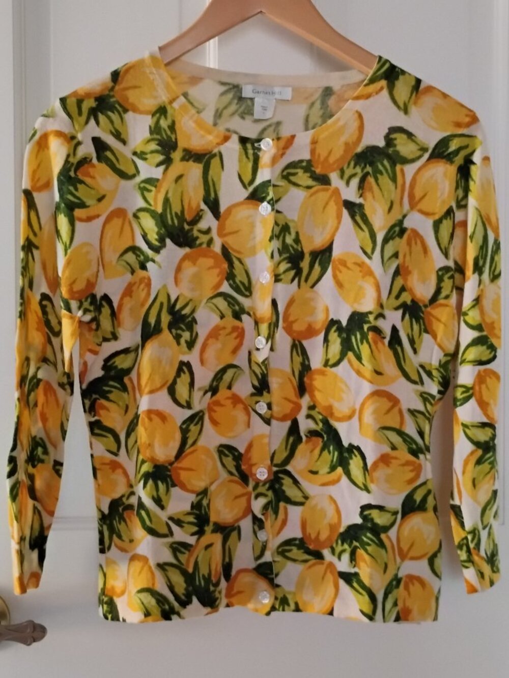 Garnet Hill Merino Wool Lemons 3/4 Sleeve Cardigan Sweater Size L in VGUC